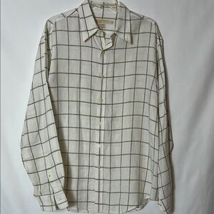 Michael Kors Mens Size Large 100% Linen Button Front White Tan Striped Shirt